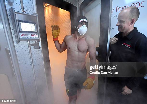 Nick Phipps of Australia emerges from a Cryotherapy chamber following an Australia training session at the Lensbury Hotel on October 4, 2016 in...