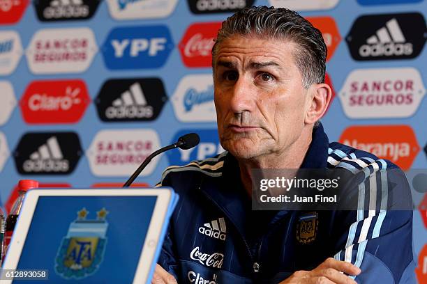 Edgardo Bauza coach of Argentina speaks during a press conference at Westin Hotel Lima on October 05, 2016 in Lima, Peru.