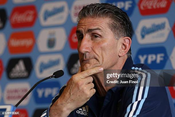 Edgardo Bauza coach of Argentina speaks during a press conference at Westin Hotel Lima on October 05, 2016 in Lima, Peru.