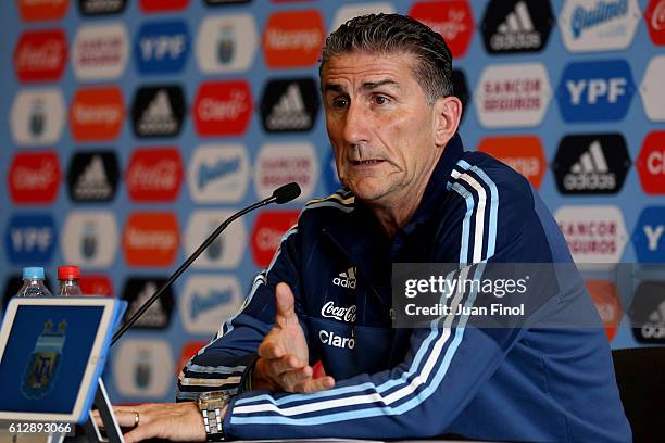 Edgardo Bauza coach of Argentina speaks during a press conference at Westin Hotel Lima on October 05, 2016 in Lima, Peru.