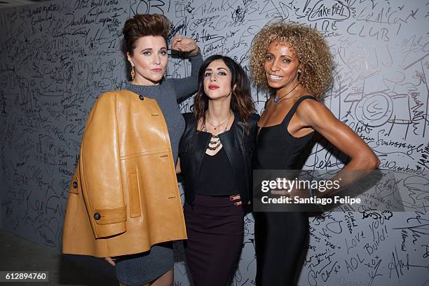 Lucy Lawless, Dana Delorenzo and Michelle Hurd attend The Build Series to discuss the TV show "Ash vs. Evil Dead" at AOL HQ on October 5, 2016 in New...