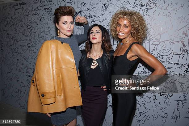 Lucy Lawless, Dana Delorenzo and Michelle Hurd attend The Build Series to discuss the TV show "Ash vs. Evil Dead" at AOL HQ on October 5, 2016 in New...
