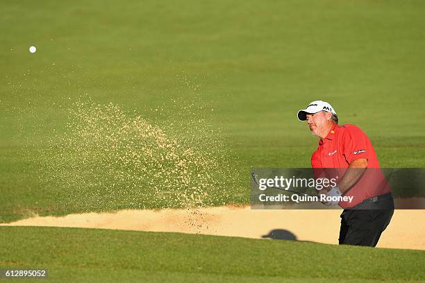 Boo Weekley of the USA plays out of the bunker during day one of the Fiji International at Natadola Bay Golf Course on October 6, 2016 in Natadola,...