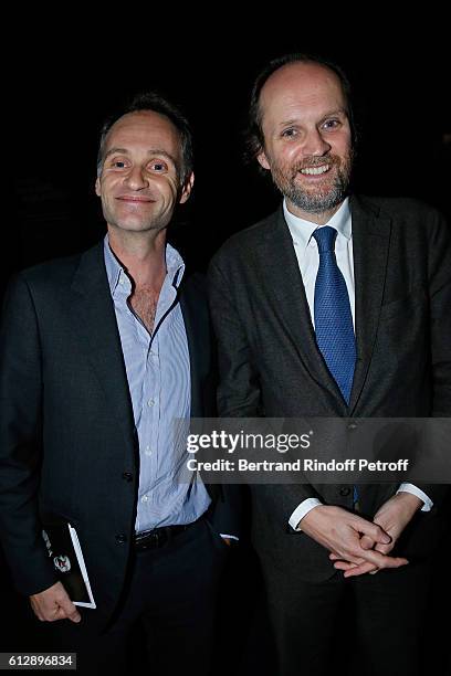Journalist Fabien Namias and Producer Jean-Marc Dumontet attend the Coluche Exhibition Opening. This exhibition is organized for the 30 years of the...