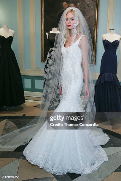 Model wearing Truly Zac Posen at Laduree on October 5, 2016 in New York City.