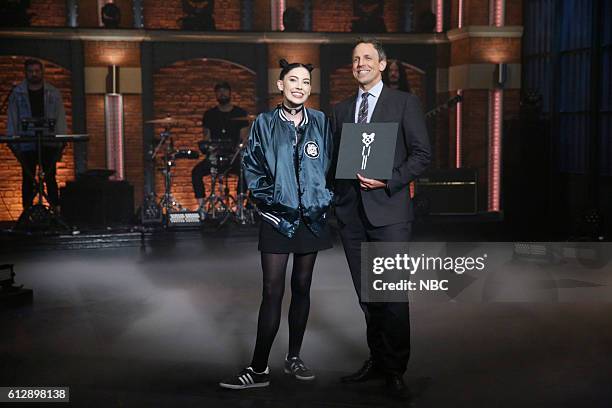 Episode 431 -- Pictured: Musical guest Bishop Briggs and host Seth Meyers on October 5, 2016 --