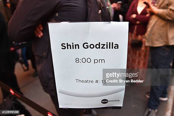 Fans wait in line for the "Shin Godzilla" premiere presented by Funimation Films at AMC Empire 25n2016 New York Comic Con on October 5, 2016 in New...