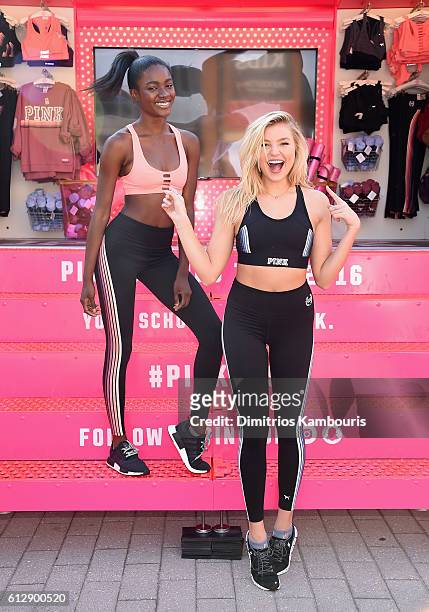 Victoria's Sectet models Zuri Tibby and Rachel Hilbert pose during the Victoria's Secret PINK Launches Ultimate Sports Bra at Ohio State University...