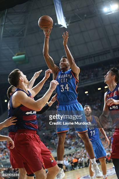 Josh Huestis of the Oklahoma City Thunder shoots against FC Barcelona Lassa as part of the 2016 Global Games on October 5, 2016 at the Palau Sant...
