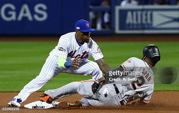 Denard Span of the San Francisco Giants is caught stealing at second by Jose Reyes of the New York Mets in the fourth inning during their National...