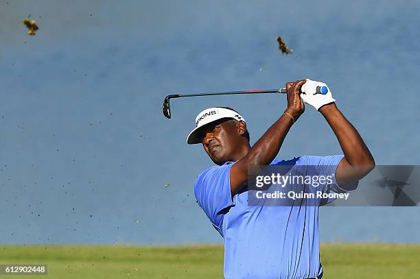 Vijay Singh of Fiji plays an approach shot during day one of the Fiji International at Natadola Bay Golf Course on October 6, 2016 in Natadola, Fiji.