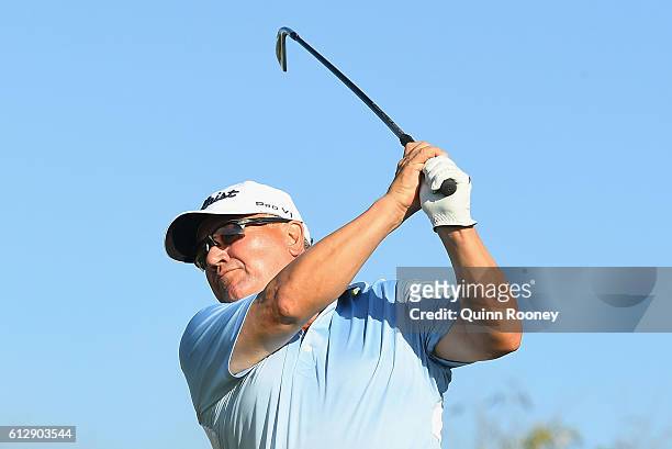 Peter O'Malley of Australia plays an approach shot during day one of the Fiji International at Natadola Bay Golf Course on October 6, 2016 in...