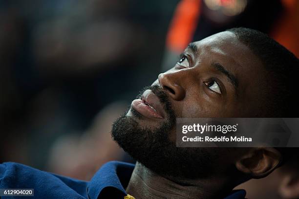 Shane Lawal of FC Barcelona Lassa attend during the NBA Global Games Spain 2016 FC Barcelona Lassa v Oklahoma City Thunder at Palau Sant Jordi on...