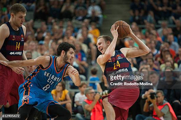 Brad Oleson, #24 of FC Barcelona Lassa competes with Alex Abrines, #8 of Oklahoma City Thunder during the NBA Global Games Spain 2016 FC Barcelona...