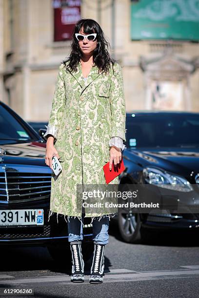 Guest is seen, outside the Miu Miu show, during Paris Fashion Week Spring Summer 2017, on October 5, 2016 in Paris, France.