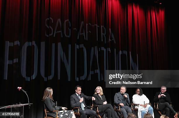 Moderator Lisa Birnbach and panelists Hank Azaria, Bonnie Hunt, Billy Crystal, Whoopi Goldberg, and Berry Levinson speak onstage during the grand...