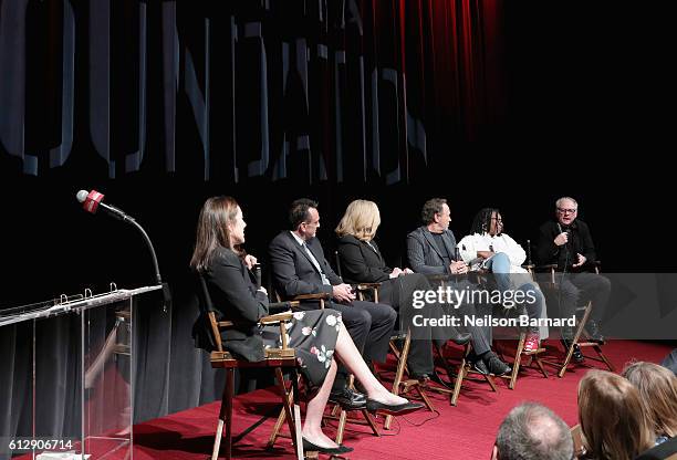 Moderator Lisa Birnbach and panelists Hank Azaria, Bonnie Hunt, Billy Crystal, Whoopi Goldberg, and Berry Levinson speak onstage during the grand...