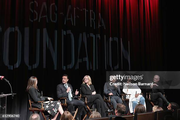 Moderator Lisa Birnbach and panelists Hank Azaria, Bonnie Hunt, Billy Crystal, Whoopi Goldberg, and Berry Levinson speak onstage during the grand...