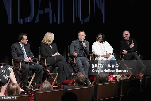 Panelists Hank Azaria, Bonnie Hunt, Billy Crystal, Whoopi Goldberg, and Berry Levinson speak onstage during the grand opening Of SAG-AFTRA...