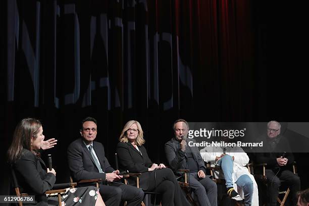 Moderator Lisa Birnbach and panelists Hank Azaria, Bonnie Hunt, Billy Crystal, Whoopi Goldberg, and Berry Levinson speak onstage during the grand...