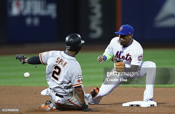 Denard Span of the San Francisco Giants steals second against Jose Reyes of the New York Mets in the fifth inning during their National League Wild...