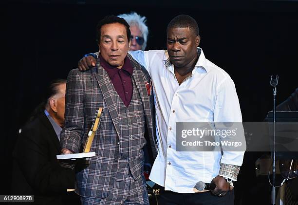 Singer-songwriter Smokey Robinson accepts the award for Rocker of the Year from actor Tracy Morgan onstage during Little Kids Rock Benefit 2016 at...