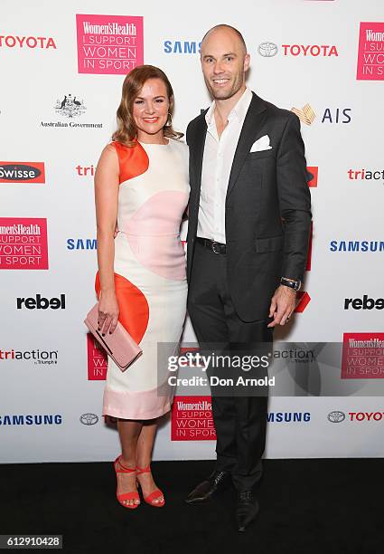 Felicity Harley and Tom Harley arrive ahead of the Women's Health I Support Women In Sport Awards at Carriageworks on October 5, 2016 in Sydney,...