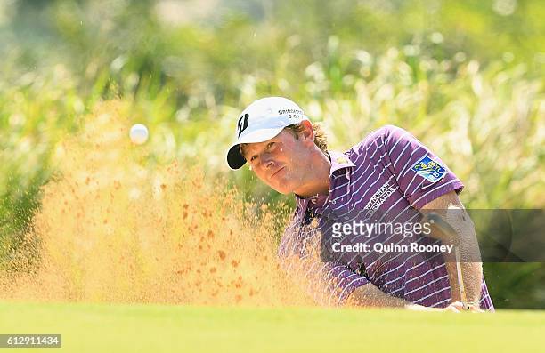 Brandt Snedeker of the USA plays out of the bunker during day one of the Fiji International at Natadola Bay Golf Course on October 6, 2016 in...