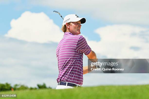 Brandt Snedeker of the USA plays out of the bunker during day one of the Fiji International at Natadola Bay Golf Course on October 6, 2016 in...