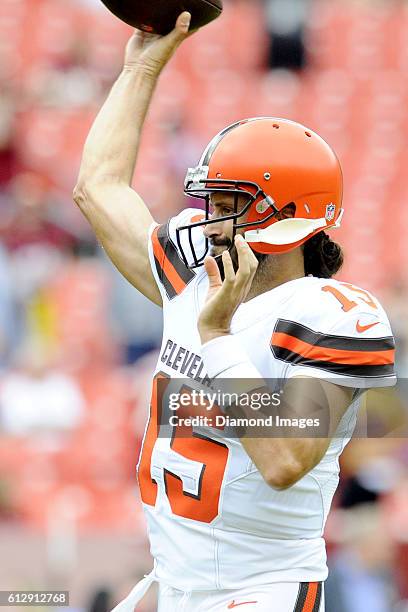 Quarterback Charlie Whitehurst of the Cleveland Browns throws a pass prior to a game against the Washington Redskins on October 2, 2016 at FedEx...