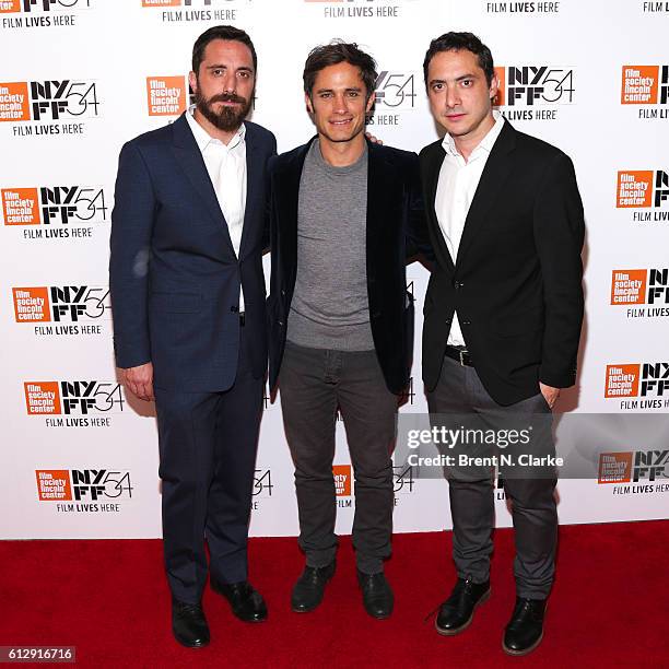 Director Pablo Larrain, actor Gael Garcia Bernal and producer Juan De Dios Larrain attend the 54th New York Film Festival - "A Quiet Passion" and...