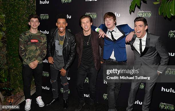 Actors Hayes Grier, Melvin Gregg, Leo Howard, Adam Hicks and Tyler Chase attend the premiere of Hulu's "Freakish" at Smogshoppe on October 5, 2016 in...