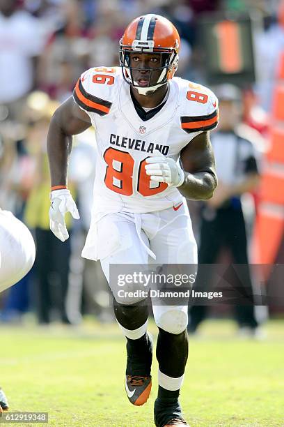 Tight end Randall Telfer of the Cleveland Browns runs in motion behind the line of scrimmage during a game against the Washington Redskins on October...