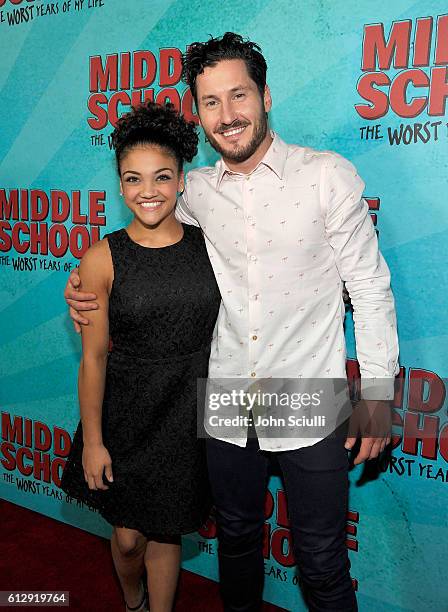 Laurie Hernandez and Valentin Chmerkovskiy attend the Los Angeles red carpet screening of "Middle School: The Worst Years Of My Life" at TCL Chinese...