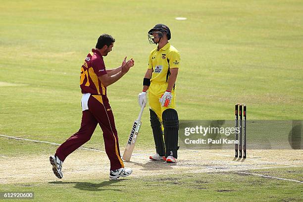 Arcy Short of the Warriors looks on after being dismissed by Ben Cutting of the Bulls during the Matador BBQs One Day Cup match between Western...