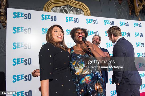 Actress/Executive Producer Kulap Vilaysack, Paul F. Tompkins, and actor Drew Tarver arrive at the Seeso original screening of 'Bajillion Dollar...