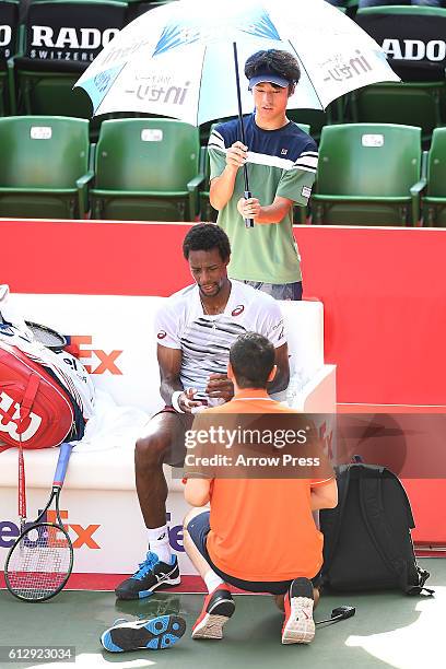 Gael Monfils of France is seen during the medical attention in the men's singles second round match against Gilles Simon of France on day four of...