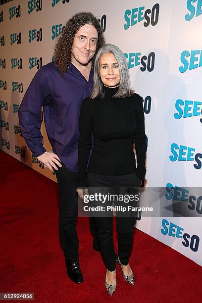 Singer Weird Al' Yankovic and wife Suzanne Krajewski attends the premiere of Seeso's "Bajillion Dollar Properties" Season 2 at The Theatre at Ace...