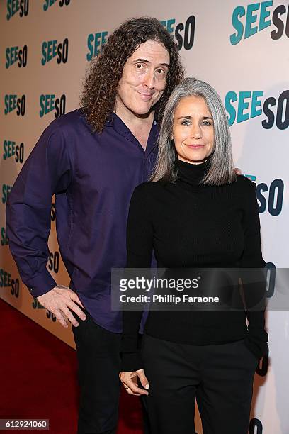 Singer Weird Al' Yankovic and wife Suzanne Krajewski attends the premiere of Seeso's "Bajillion Dollar Properties" Season 2 at The Theatre at Ace...