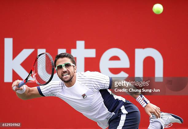 Janko Tipsarevic of Serbia in action during the men's singles second round match against Ivo Karlovic of Croatia on day four of Rakuten Open 2016 at...