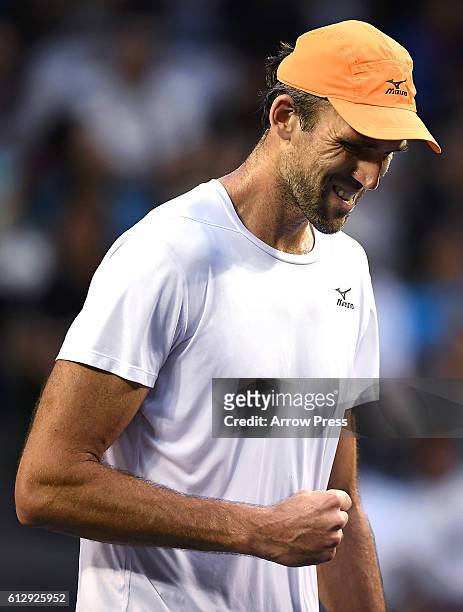 Ivo Karlovic of Croatia reacts after winning the men's singles second round match against Janko Tipsarevic of Serbia on day four of Rakuten Open 2016...