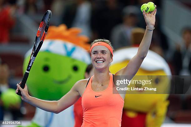 Elina Svitolina of Ukraine celebrates her win over Angelique Kerber of Germany during the Women's singles third round match on day six of the 2016...