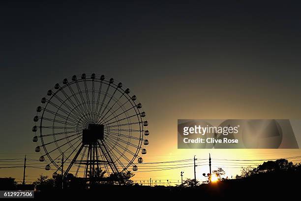 General view of sunset at the big wheel at the circuit during previews ahead of the Formula One Grand Prix of Japan at Suzuka Circuit on October 6,...