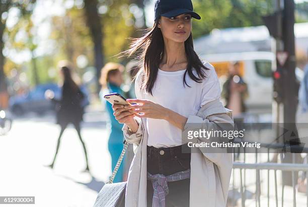 Model outside Miu Miu on October 5, 2016 in Paris, France.