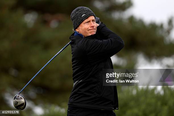 Actor Greg Kinnear drives off the 14th tee during the first round of the Alfred Dunhill Links Championship on the Championship Course, Carnoustie on...