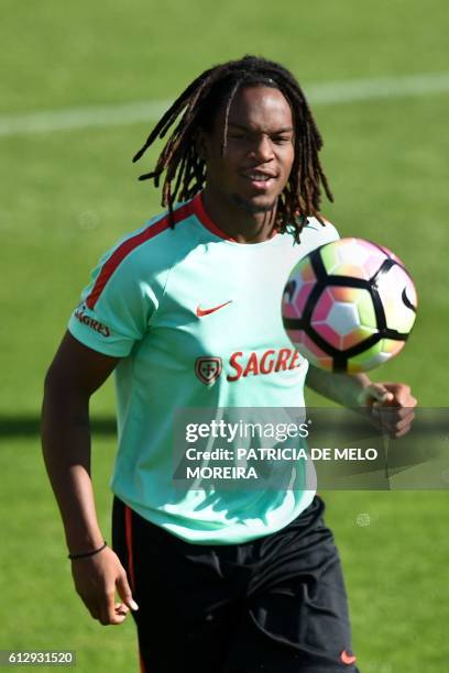 Portugal's midfielder Renato Sanches controls the ball during a training session at "Cidade do Futebol" training camp in Oeiras, outskirts of Lisbon...