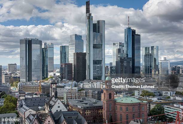 General view from the viewing platform of the dome to the old town and the finance district of Frankfurt on October 5, 2016 in Frankfurt, Germany....