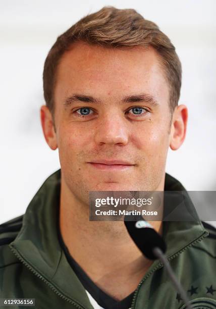 Manuel Neuer of Germany talks during a press conference at Mercedes Autohaus on October 6, 2016 in Hamburg, Germany.