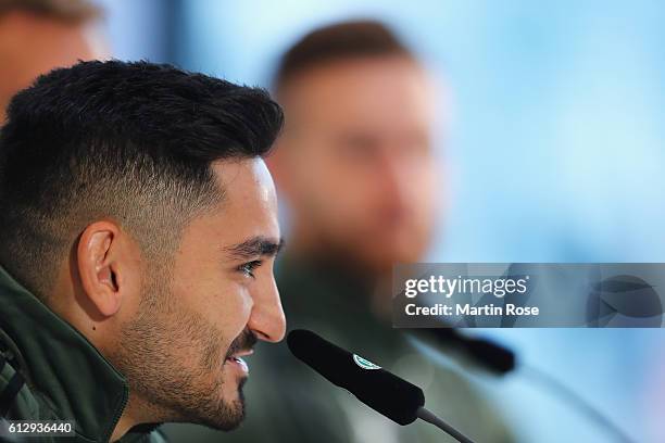 Ilkay Guendogan of Germany talks during a press conference at Mercedes Autohaus on October 6, 2016 in Hamburg, Germany.