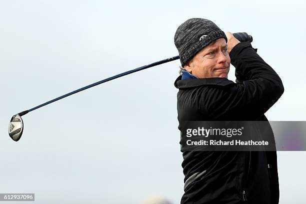 Actor Greg Kinnear drives off the 16th tee during the first round of the Alfred Dunhill Links Championship on the Championship Course, Carnoustie on...